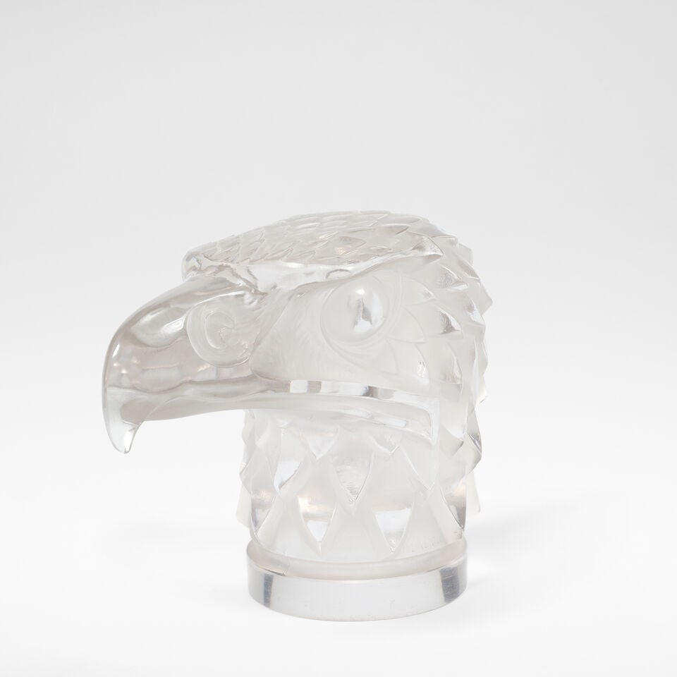 Rene Lalique 'Tete d'Aigle', car mascot, designed 1928: Rene Lalique 'Tete d'Aigle', car mascot, designed 1928 Clear glass, frosted and polished. 11.5 cm high, 8 cm wide, 15 cm deep Moulded signature R.LALIQUE FRANCE. Footnotes: Literature Félix