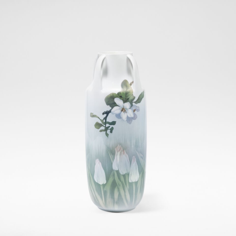 Royal Copenhagen Vase, circa 1910: Royal Copenhagen Vase, circa 1910 Porcelain, white, green, pink and brown glazes with painted decoration of tulips and flower branches, with four handles to the shoulder. 31.5 cm high, 12 cm diameter