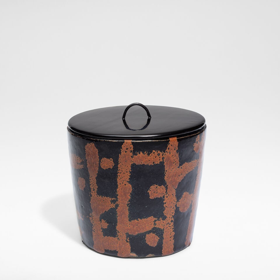 Shimizu Uichi Mizusashi (Fresh Water Jar), 1980s: Shimizu Uichi Mizusashi (Fresh Water Jar), 1980s Stoneware, rick tenmoku glaze with finger-wiped iron design, and a lacquered wooden lid. 17 cm high, 16 cm diameter Underside impressed with artist's