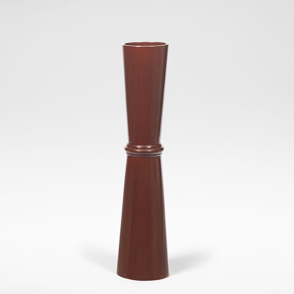 Katori Masahiko 'Suehiro' vase, 20th Century: Katori Masahiko 'Suehiro' vase, 20th Century Patinated bronze, with banding to waist and three incised bands to interior neck. 14.2 cm high, 5.5 cm diameter Underside impressed with artist's