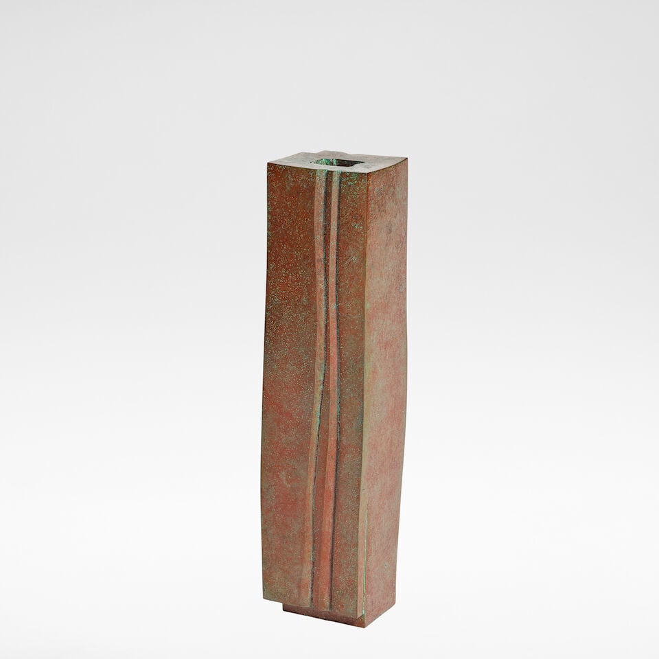 Hasuda Shugoro 'Tani (Mountain Stream)' flower vessel, 20th Century: Hasuda Shugoro 'Tani (Mountain Stream)' flower vessel, 20th Century Patinated bronze, irregular linear form. 29 cm high, 6.7 cm wide, 6 cm deep Underside impressed with artist's seal. Together with