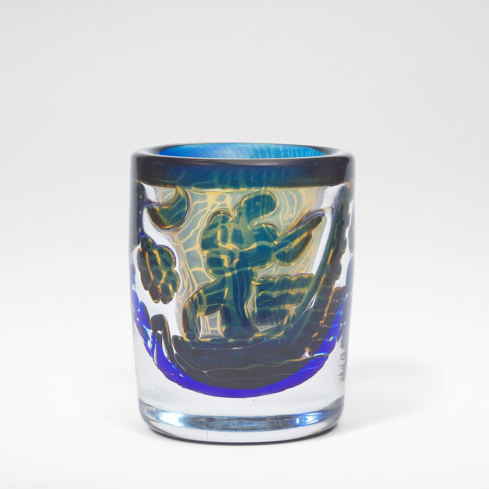 Edvin Öhrström for Orrefors 'Gondoliers' Ariel vase, 1971: Edvin Öhrström for Orrefors 'Gondoliers' Ariel vase, 1971 Cased and polished glass, of cylindrical form, decorated with figures in blue against a yellow ground. 15.7 cm high, 12.3 cm