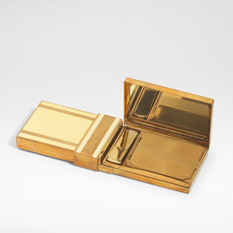 French Art Deco minaudière, circa 1935: French Art Deco minaudière, circa 1935 Enamel on gilt metal, with dual compartments. 6 cm high, 16 cm wide, 1 cm deep Footnotes: Literature Capstick-Dale, Rodney and Diana, Art Deco