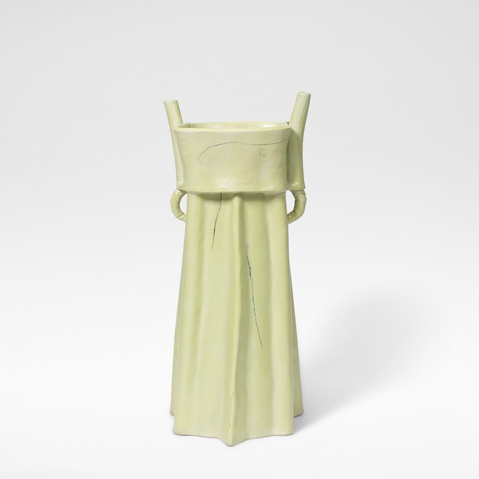 Alison Britton Green pot, 2002: Alison Britton Green pot, 2002 Earthenware, pale green slip and painted black linear designs, with twisted handles and two spouts. 61.5 cm high, 26 cm wide, 23 cm deep Underside incised Alison