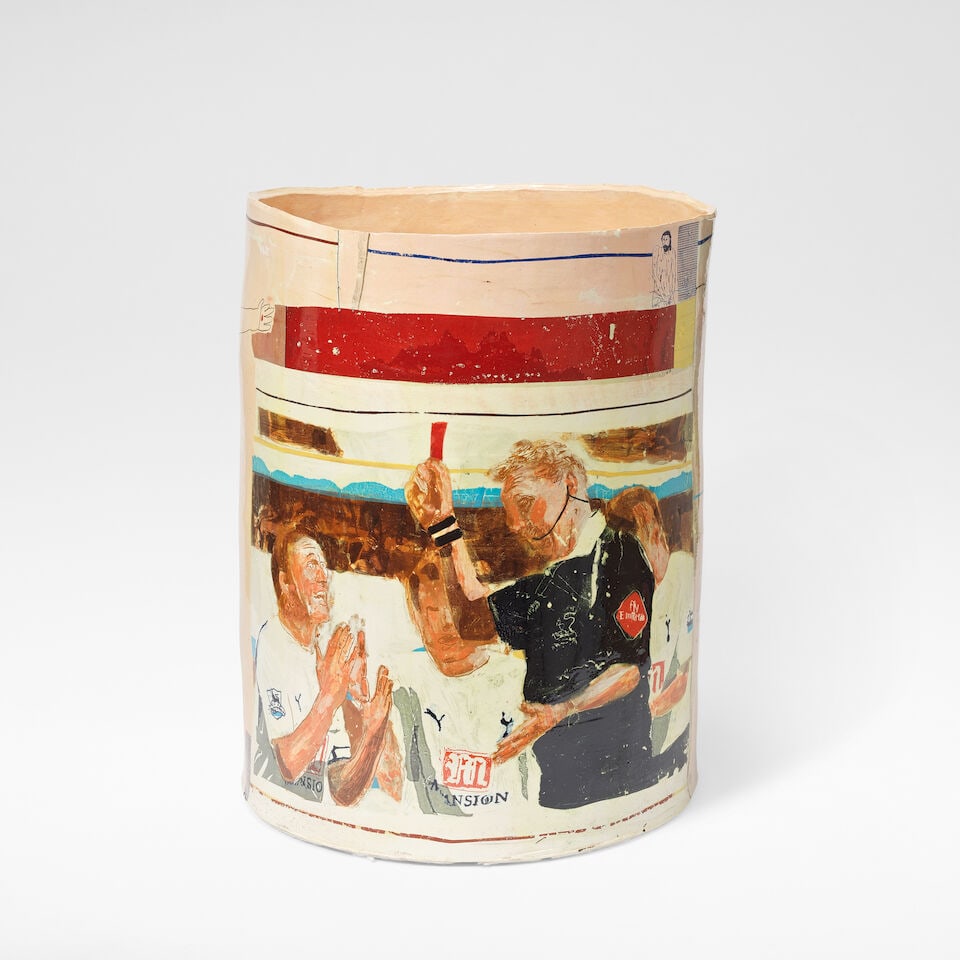 Philip Eglin 'Hands off Berbatov', 2008: Philip Eglin 'Hands off Berbatov', 2008 Earthenware, peach and cream slips with transfer printed and painted decoration in brown, black, red and blue. Depicting various football scenes and