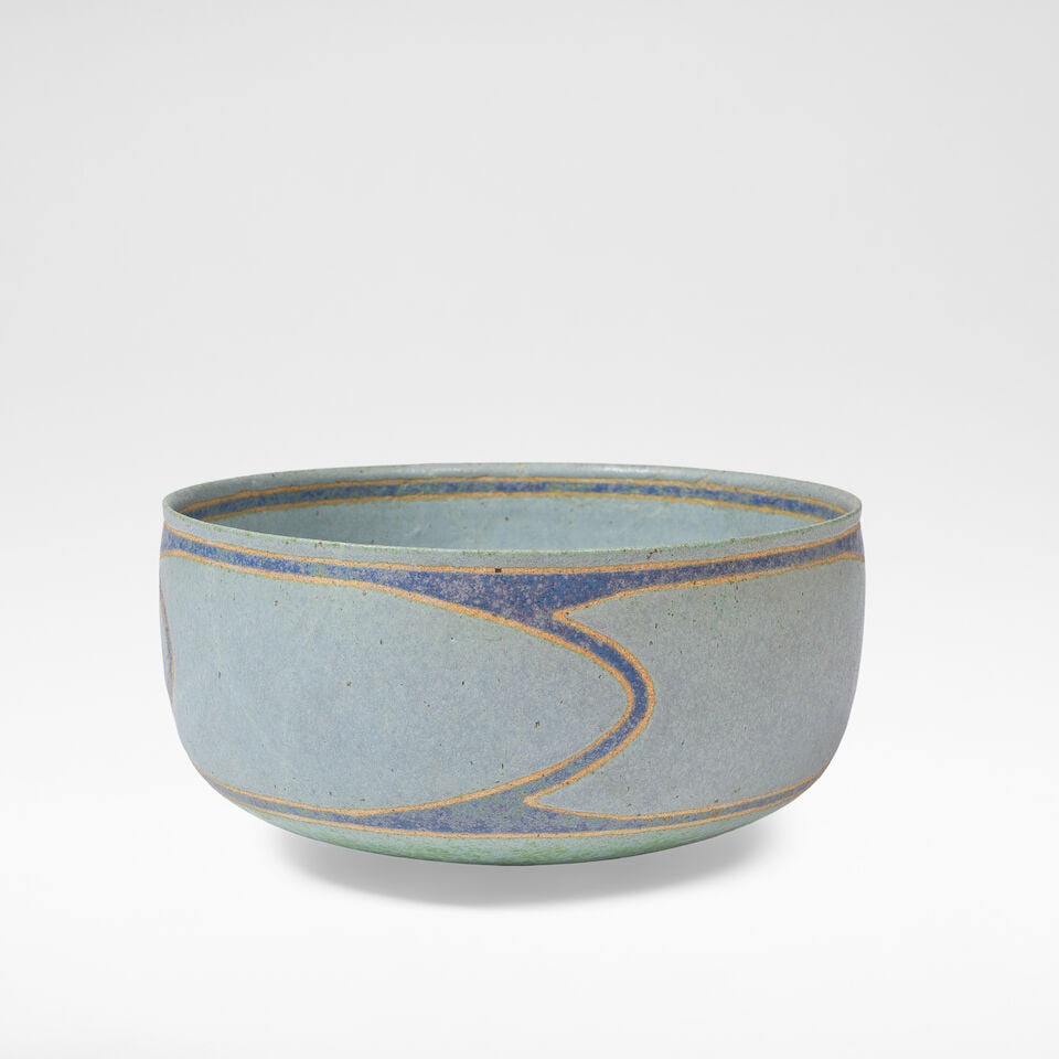 Alev Ebüzziya Siesbye Bowl, 1981: Alev Ebüzziya Siesbye Bowl, 1981 Stoneware, mottled pale blue, blue and green glazes, with wax resist decoration and fine brown speckle. 10 cm high, 20 cm diameter Underside incised alev '81.