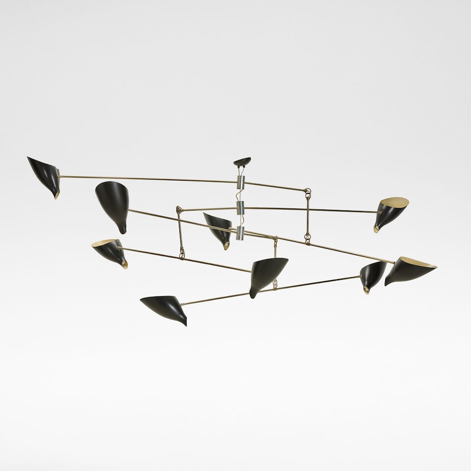 David Weeks Studio 'Bottle Tiered Mobile No. 405', ceiling light, designed 2014: David Weeks Studio 'Bottle Tiered Mobile No. 405', ceiling light, designed 2014 Powder-coated aluminium, nickel-plated aluminium, stainless steel, electrical fittings. 290 cm wide, 191 cm deep, 46 cm