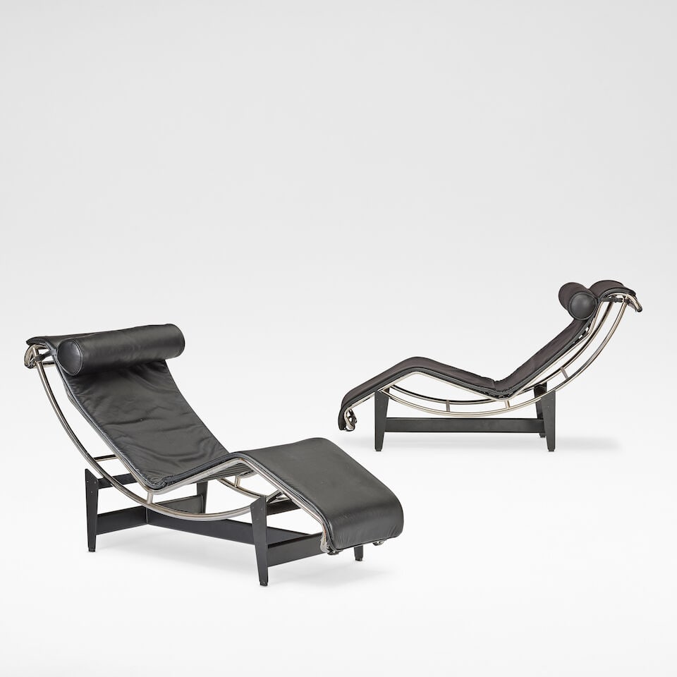 Charlotte Perriand, Pierre Jeanneret and Le Courbusier for Cassina 'LC-4', pair of chaise lounge...: Charlotte Perriand, Pierre Jeanneret and Le Courbusier for Cassina 'LC-4', pair of chaise lounges, designed 1928, of recent manufacture Black leather and chromed metal, each raised on a cradle