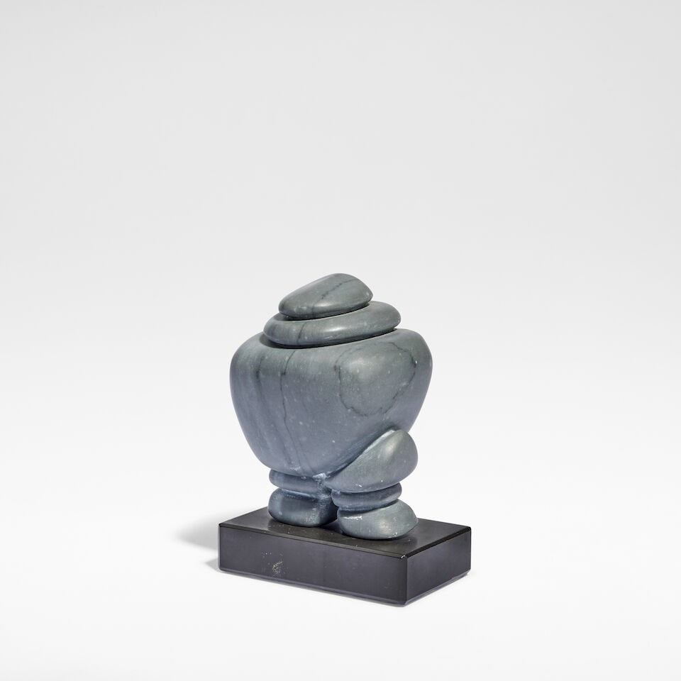 Jesper Neergaard Abstract figure, from the 'Månemænd' series, 1985: Jesper Neergaard Abstract figure, from the 'Månemænd' series, 1985 Grey Bardiglio marble, carved and polished, on a polished stone base. 14 cm high, 10.2 cm wide, 7.5 cm deep Underside of
