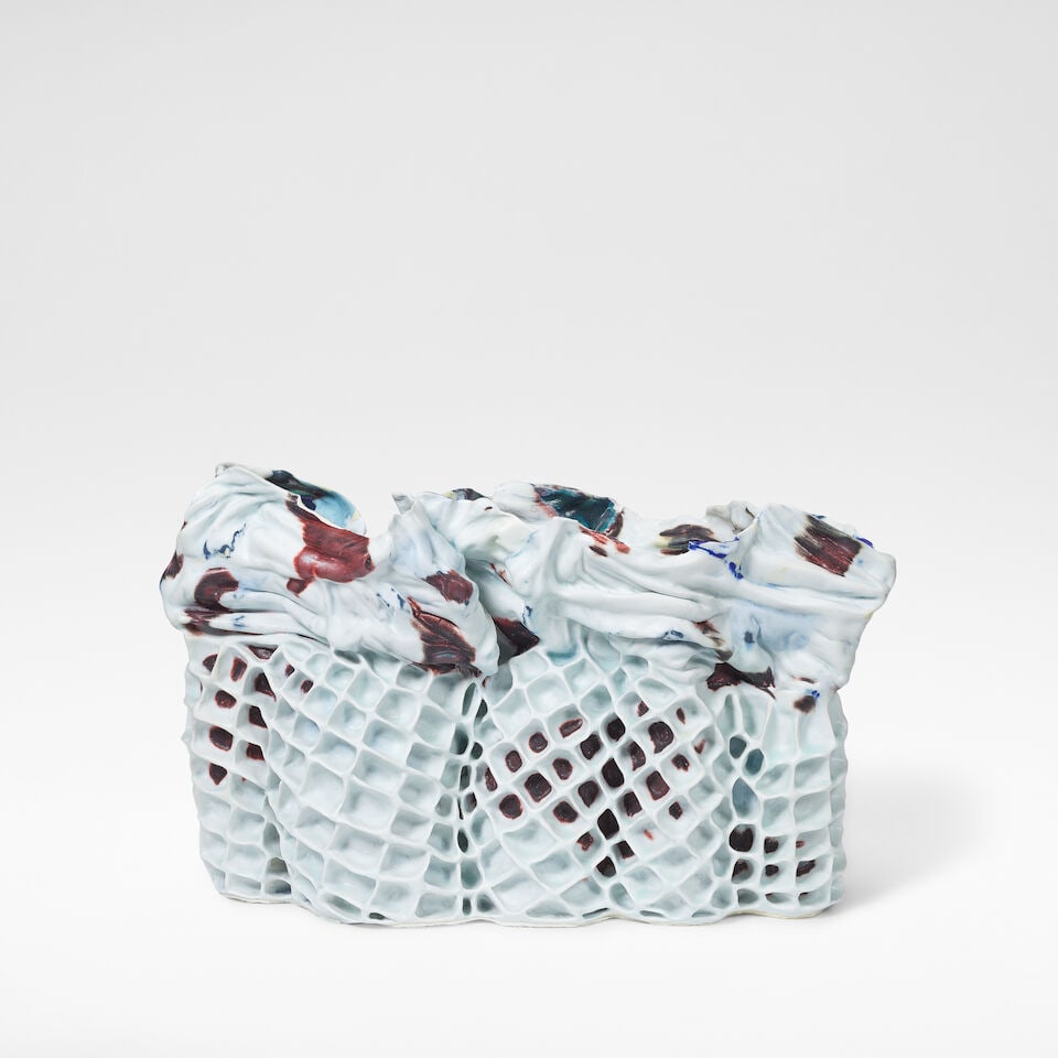 Babs Haenen 'Persian Passion', 2009: Babs Haenen 'Persian Passion', 2009 Porcelain, pigments and glazes in pale blue, teal, dark blue, burgundy and yellow. 31 cm high, 53 cm wide, 20 cm deep Signed and dated to underside. This lot is