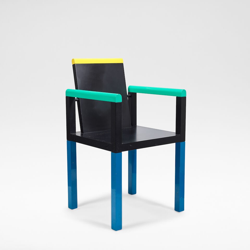 George Sowden for Memphis Milano 'Palace' chair, designed 1983: George Sowden for Memphis Milano 'Palace' chair, designed 1983 Lacquered wood. 95 cm high, 49 cm wide, 45 cm deep With manufacturer's badge to the underneath. This lot is subject to the following lot