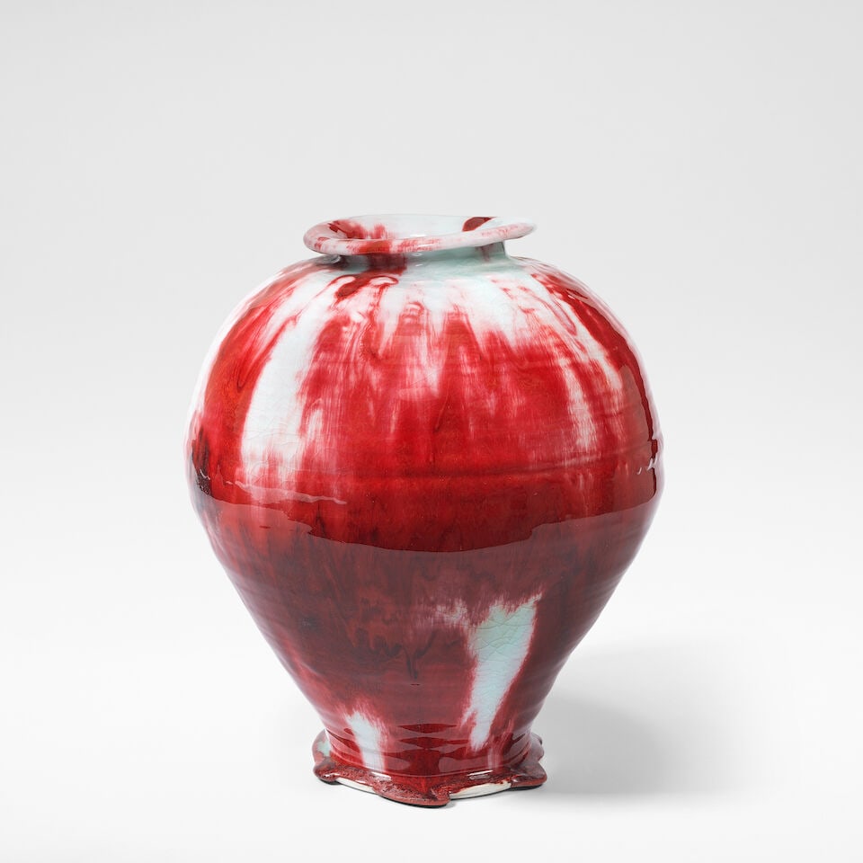 Gareth Mason Large globular jar, circa 1997: Gareth Mason Large globular jar, circa 1997 Porcelain, running pale blue celadon and deep red glazes, with pools of glaze extending from the foot. 41 cm high, 32 cm diameter Underside impressed with