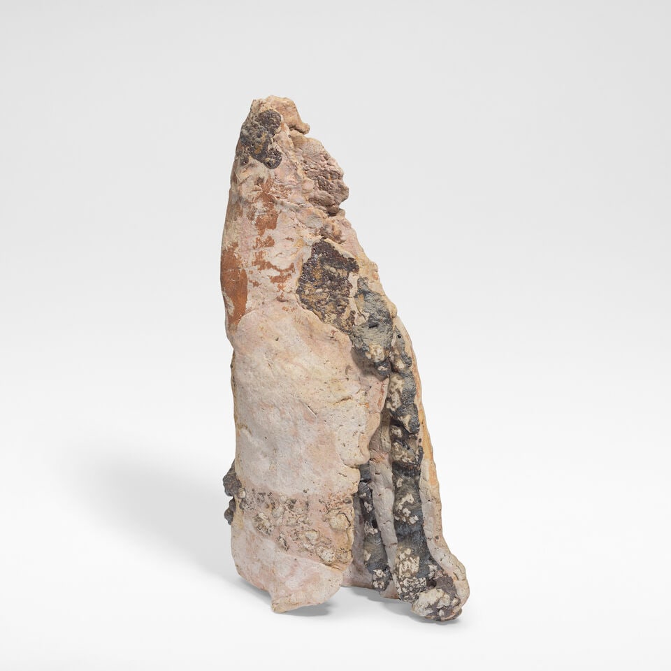 Ewen Henderson Tall standing form, circa 1990: Ewen Henderson Tall standing form, circa 1990 Mixed laminated clays, dry, crawling and volcanic glazes in pink, brown and cream colours, over a heavily textured surface. 44.5 cm high, 24 cm wide, 12