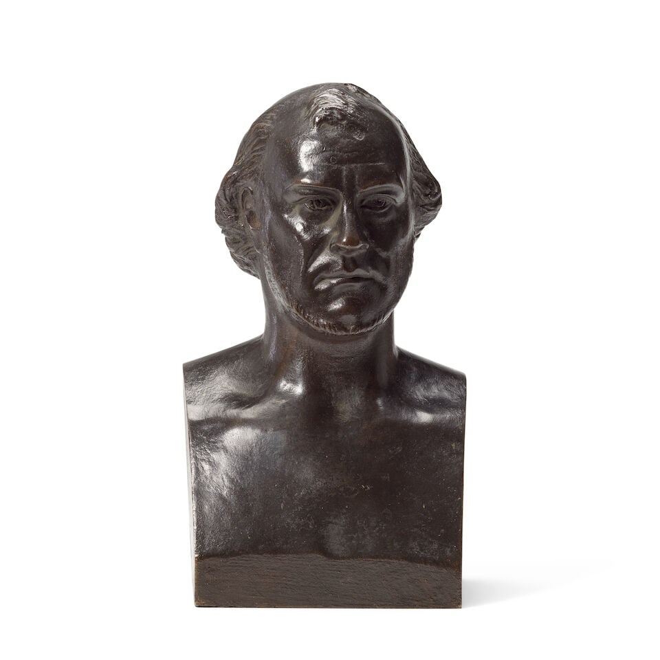 Etienne Hippolyte Maindron (French, 1801-1884): A late 19th century patinated bronze portrait bu...: Etienne Hippolyte Maindron (French, 1801-1884): A late 19th century patinated bronze portrait bust of a gentleman The sitter modelled full face with bare chest and shoulders, on integral herm base, si