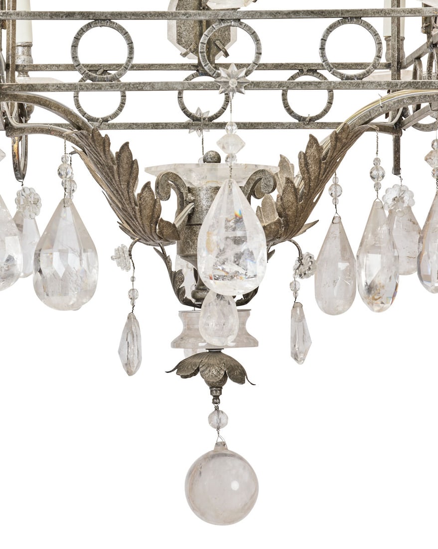 A patinated metal and rock crystal and glass mounted eight-light chandelier Supplied by Robert K... - 3