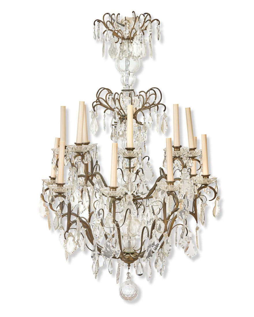A late 19th/early 20th century patinated brass moulded and cut sixteen-light chandelier Supplied... - 4