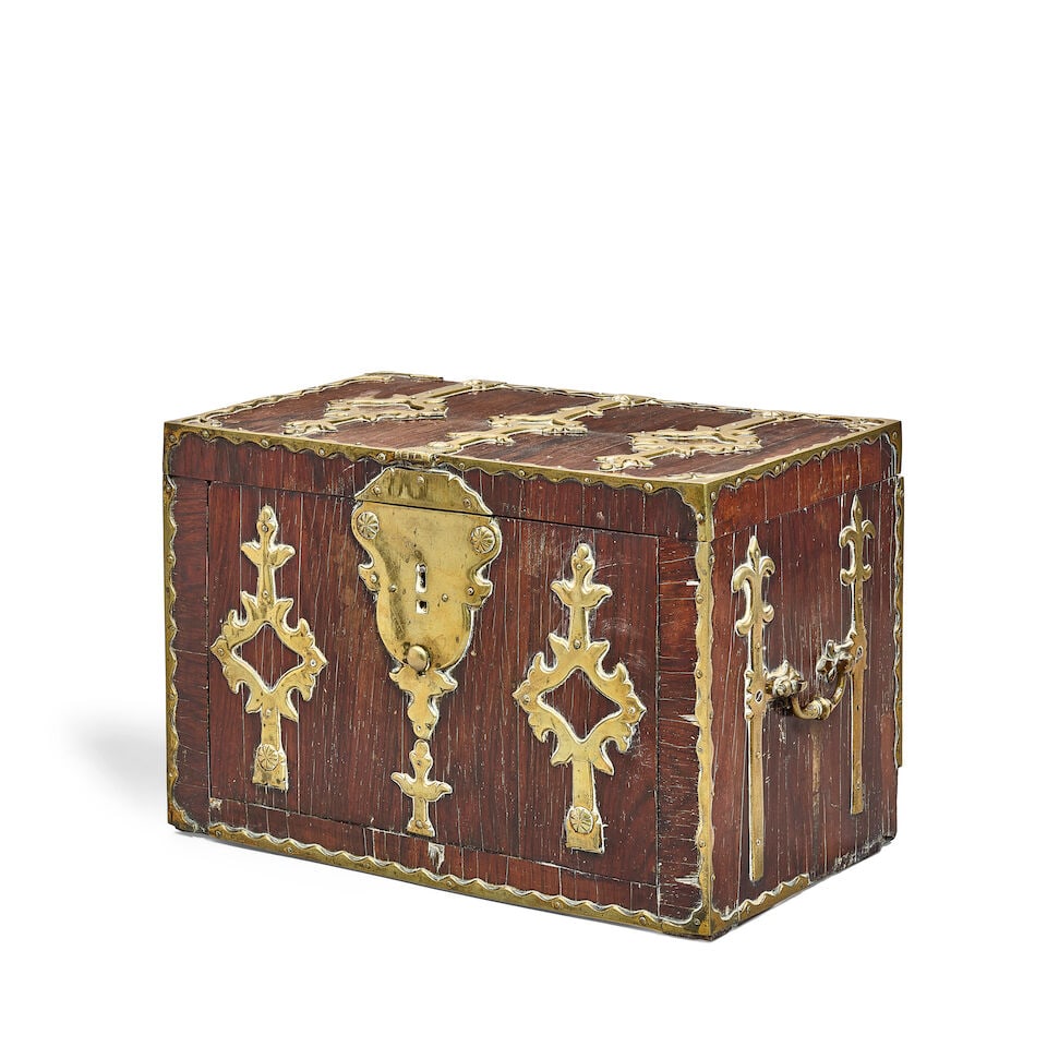 A late 17th century/early 18th century Franco-French rosewood and brass mounted coffre fort: A late 17th century/early 18th century Franco-French rosewood and brass mounted coffre fort The casket of typical rectangular form, the front and sides with Gothic style fleur-de-lis strapwork, the fa