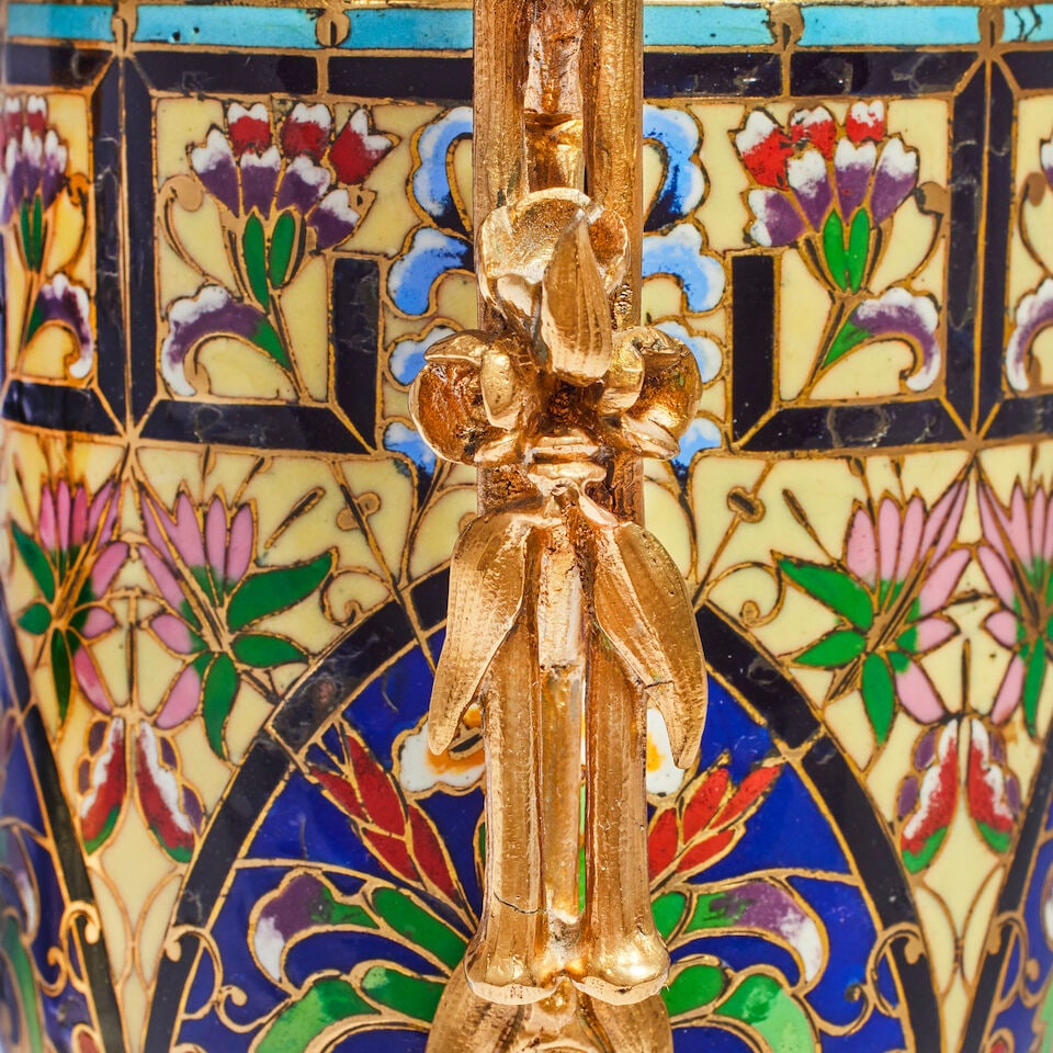 A pair of French brass and gilt metal mounted twin-handled gilt bronze and champlevé garnit... - 2