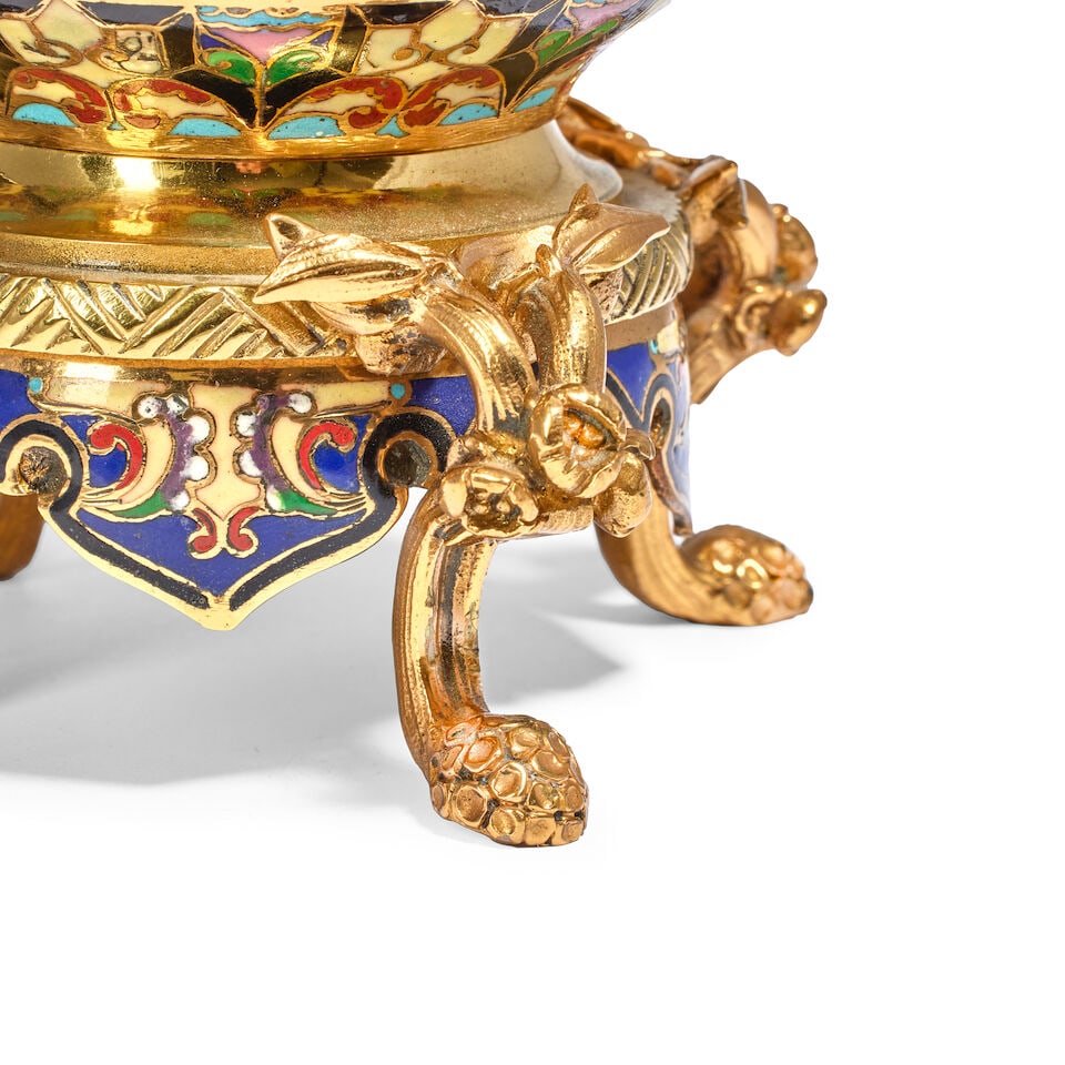 A pair of French brass and gilt metal mounted twin-handled gilt bronze and champlevé garnit... - 3