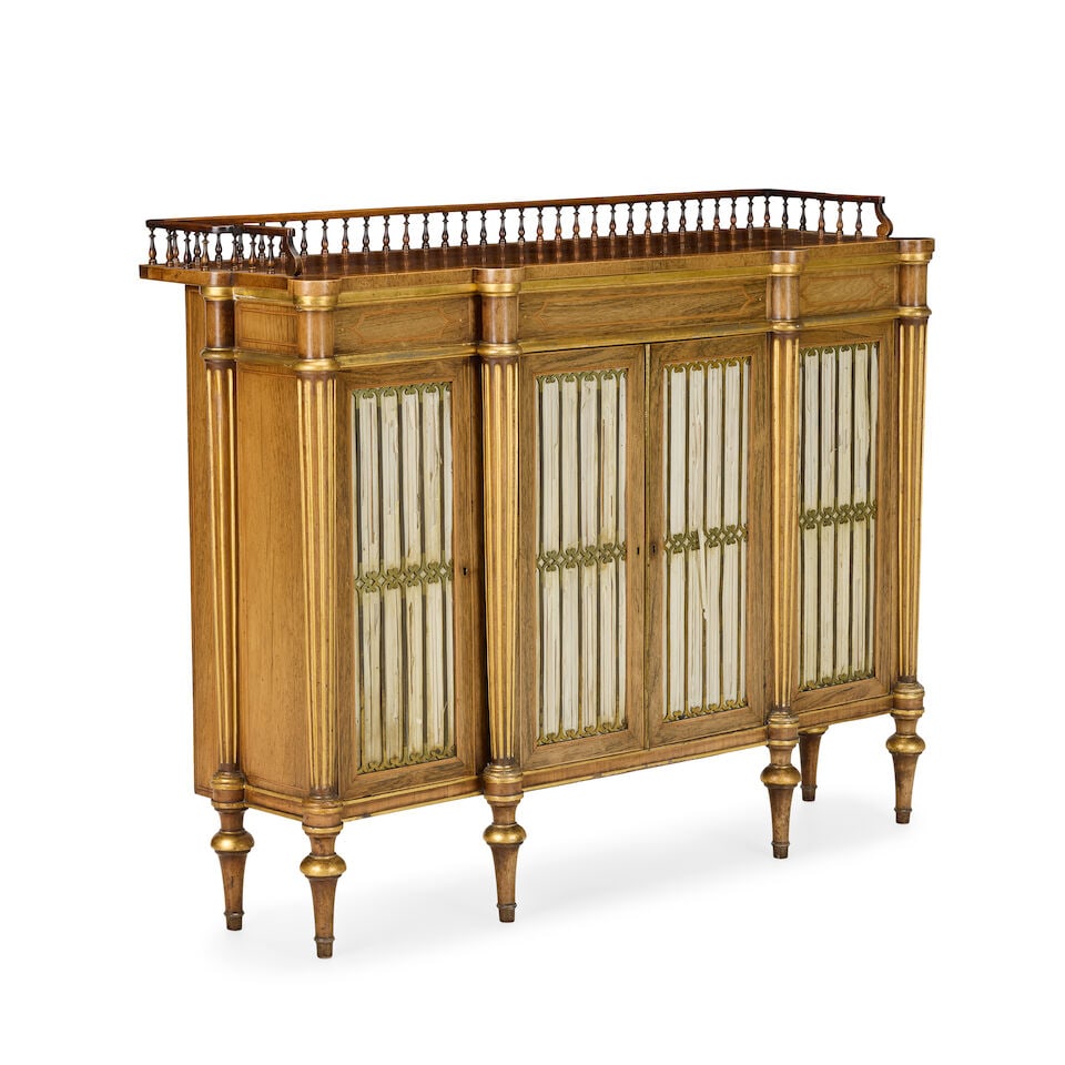 A Regency brass mounted rosewood, fruitwood line-inlaid and parcel gilt breakfront side cabinet ... - 2