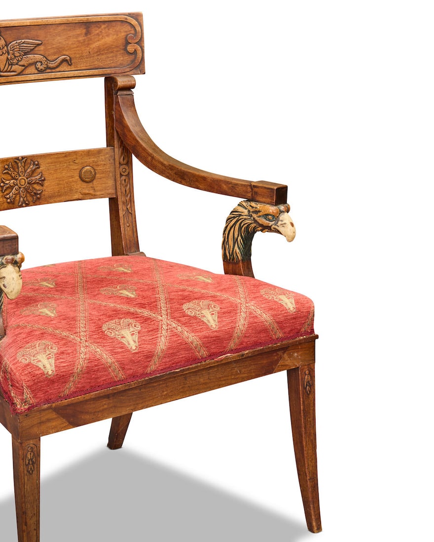 A pair of North European first half 19th century mahogany and parcel painted open armchairs 1815... - 3