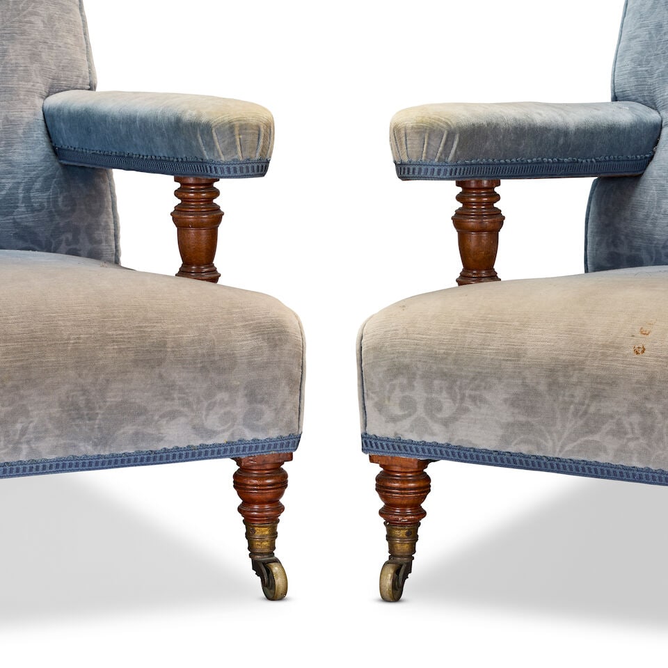 A pair of late Victorian walnut low or 'easy' armchairs by Howard and Sons 1890-1905 (2) - 6