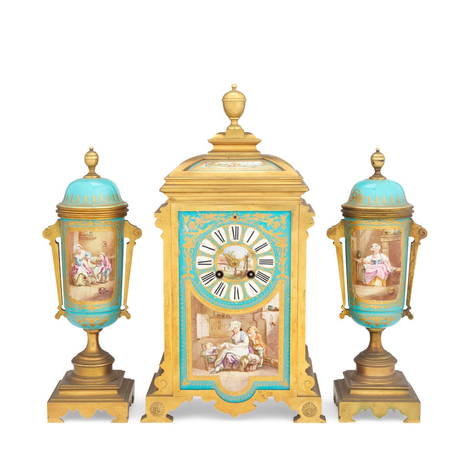 A late 19th century gilt bronze and turquoise ground Sèvres-style porcelain inset clock gar... - 2