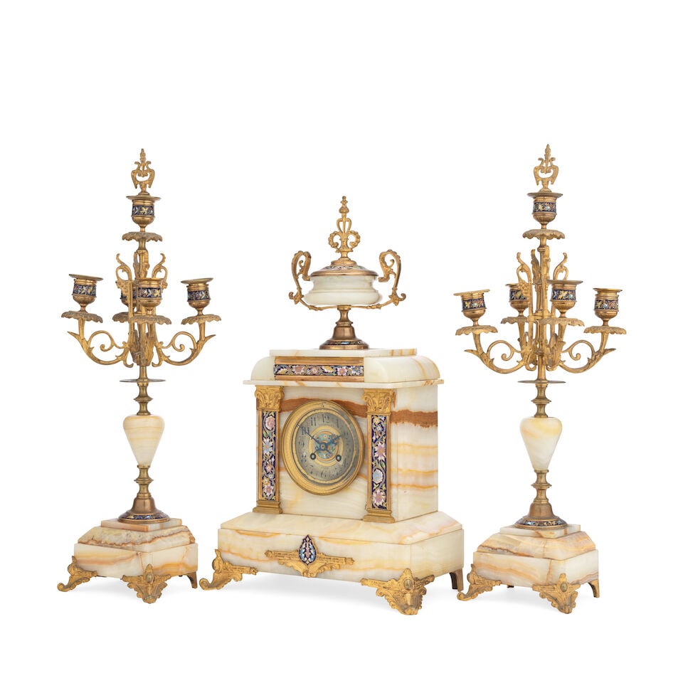 A late 19th century French gilt bronze and onyx and champlevé enamel clock garniture The d... - 2