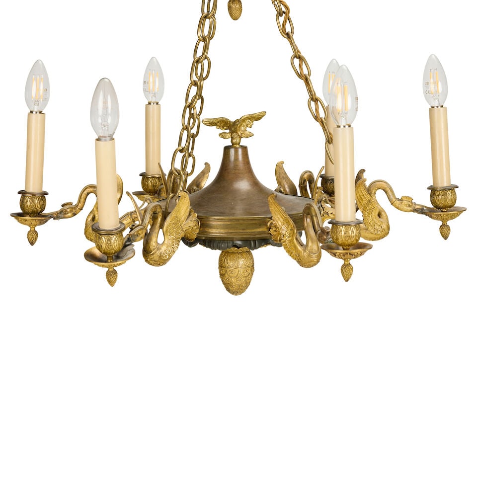 A 19th century French gilt and patinated bronze six-light colza type chandelier In the Empire ta... - 2