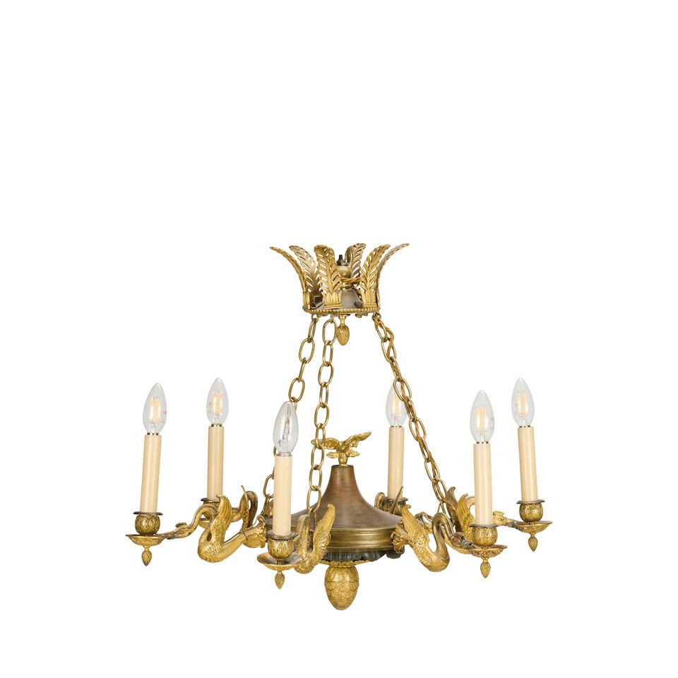 A 19th century French gilt and patinated bronze six-light colza type chandelier In the Empire ta... - 4