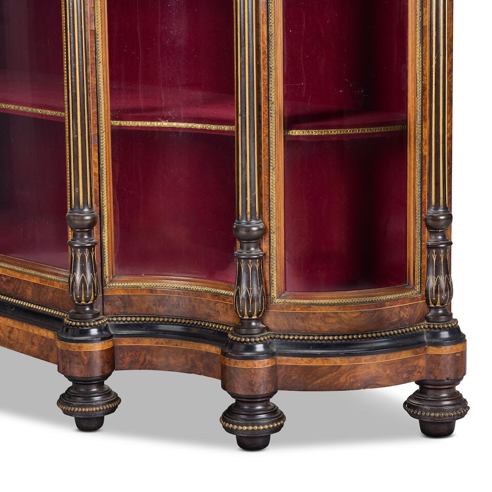A mid Victorian figured walnut, amboyna banded, ebonised and parcel gilt low display cabinetCirc... - 2