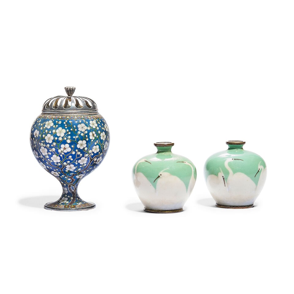 A pair of Japanese wireless cloisonné miniature vases together with a Japanese white metal ...: A pair of Japanese wireless cloisonné miniature vases together with a Japanese white metal and cloisonne miniature Koro and cover Late Meiji period (1868-1912) or Taisho period (1912-1926) The pa