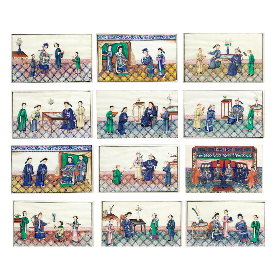 A set of twelve 19th century Chinese pith pictures (12): A set of twelve 19th century Chinese pith pictures Depicting male and female elders with attendant figures within interiors, all seated and standing on repeating pattern floral carpets, later set