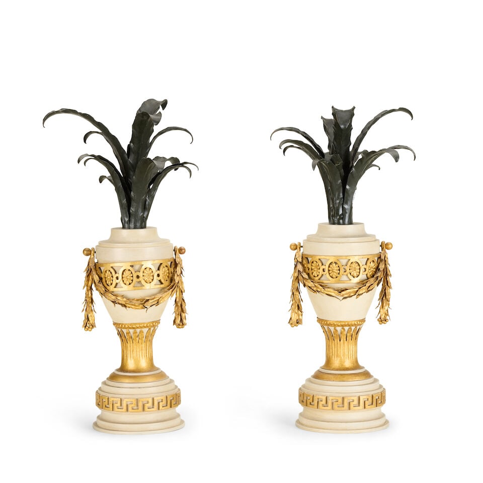 A pair of painted tole parcel gilt metal mounted painted wood decorative garniture ornaments Pro... (1 of 2)