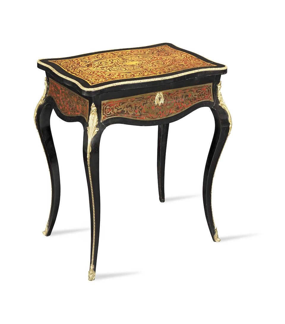 A French 19th century tortoiseshell and brass 'Boulle' marquetry ebony table a ouvrage or dressi... (1 of 3)