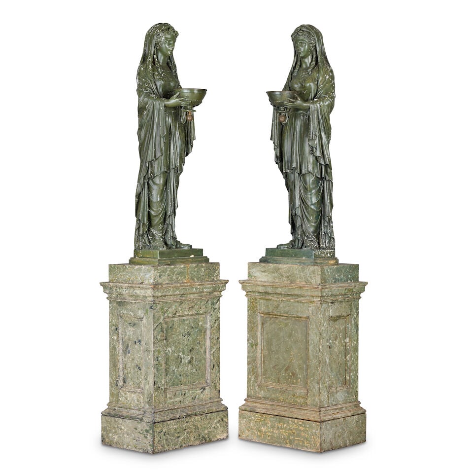 A pair of Regency bronzed plaster figural torcheres formed as Vestal Virgins, mounted on faux ma... - 2
