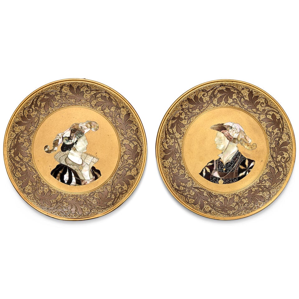 A pair of late 19th century German Renaissance revival style gilded galvanoplastie metal, ivory,...: A pair of late 19th century German Renaissance revival style gilded galvanoplastie metal, ivory, mother of pearl and tortoiseshell inlaid decorative wall plates By Jean Kayser Sohn, Crefeld The rims d