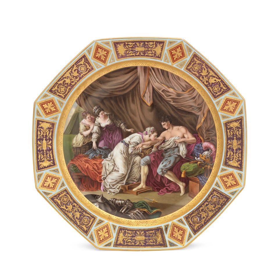 An early 20th century Vienna-style porcelain cabinet plate Painted with a figural scene after A...: An early 20th century Vienna-style porcelain cabinet plate Painted with a figural scene after Angelica Kauffman (Swiss: 1741-1807) Of canted octagonal form, the central reserve painted with a classica
