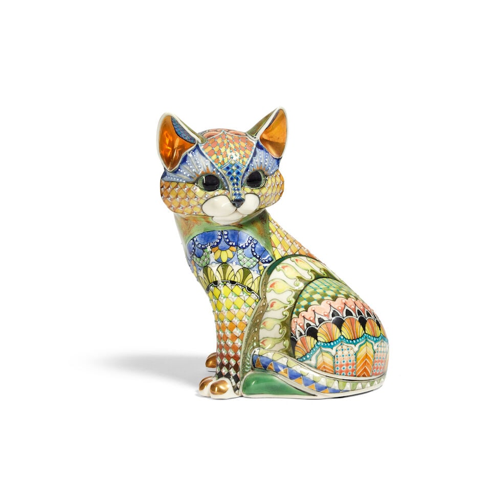 David Burnham Smith (British, 1937-2019): A porcelain model of 'Demetrius' Signed with artist's...: David Burnham Smith (British, 1937-2019): A porcelain model of 'Demetrius' Signed with artist's monogram and dated 2003 The seated stylised cat with multi-coloured enamelled patterned decoration in pr