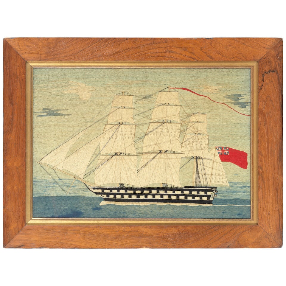 A mid Victorian sailors woolwork picture of a Ship-of-the-Line Circa 1870 - 2