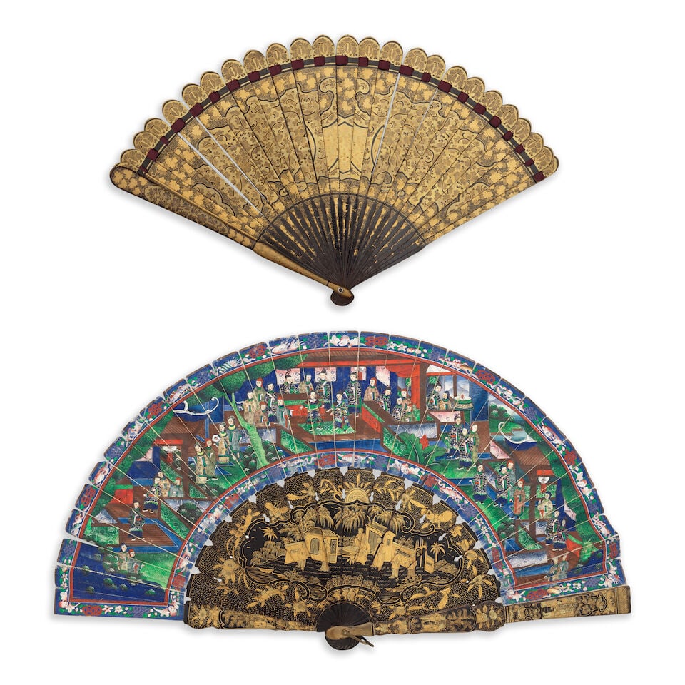 A 19th century Chinese export lacquered and painted paper folding fan together with a similar pe...: A 19th century Chinese export lacquered and painted paper folding fan together with a similar period Chinese export lacquered brise fan The first fan with sticks and guardsticks decorated with figural