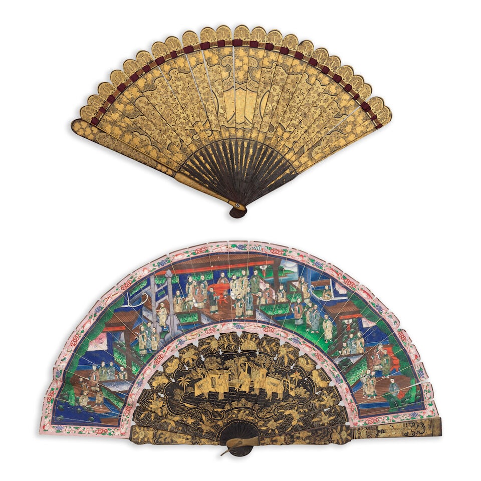 A 19th century Chinese export lacquered and painted paper folding fan together with a similar pe... - 2