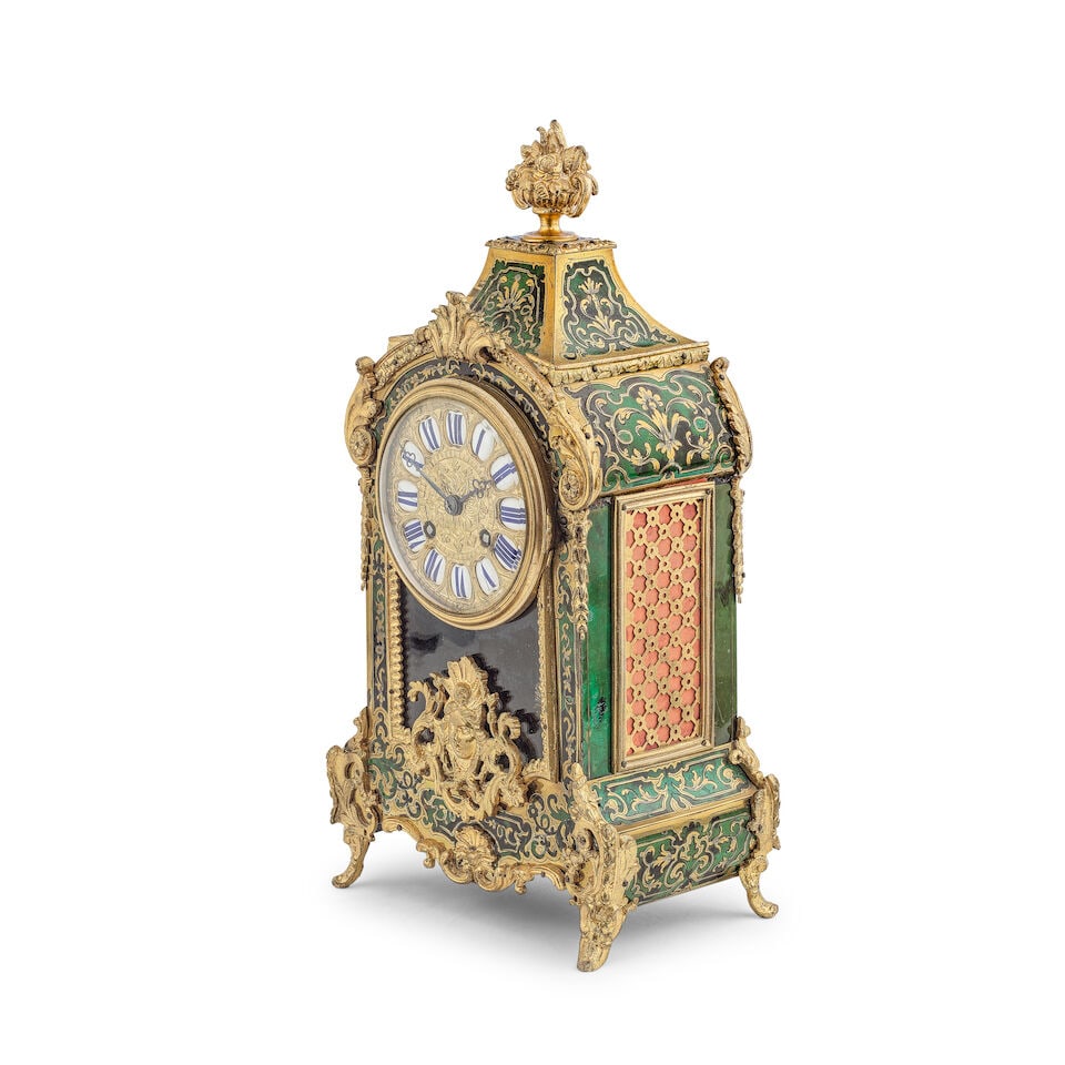 A Late 19th century French 'Boulle' green stained tortoiseshell mantle clock Signed Oppenheim A ... - 2