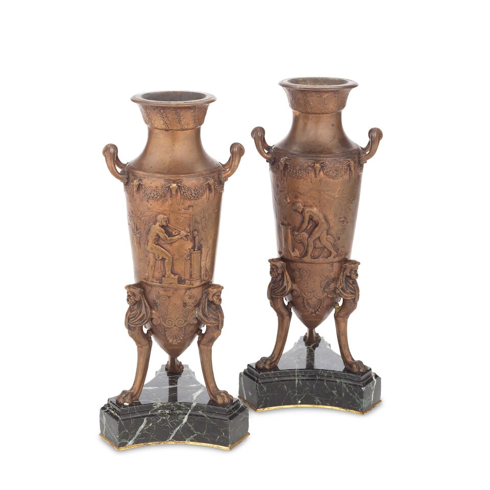 A pair of late 19th century Ferdinand Barbedienne et Cie patinated bronze twin handled garnitur... - 2