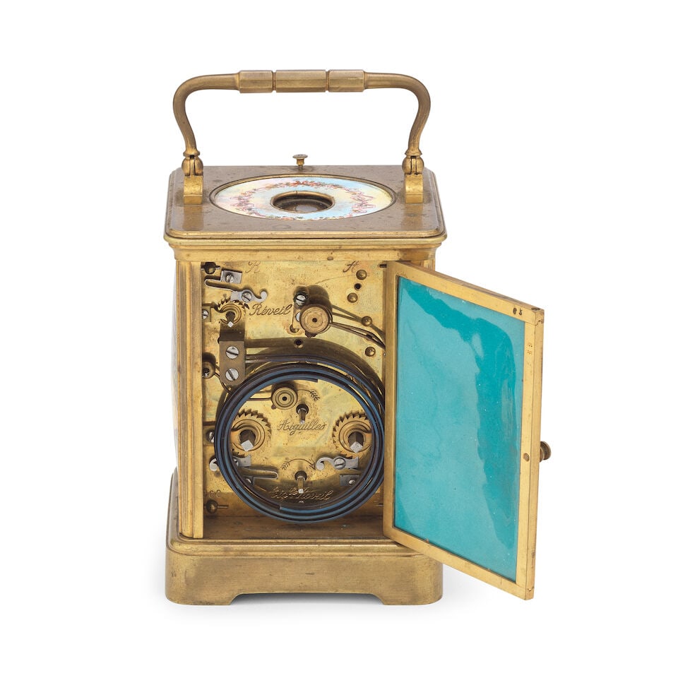A late 19th century French gilt brass petite sonnerie carriage clock with enamel front back and ... - 2