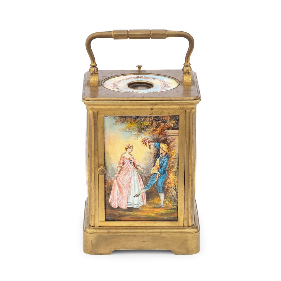 A late 19th century French gilt brass petite sonnerie carriage clock with enamel front back and ... - 3