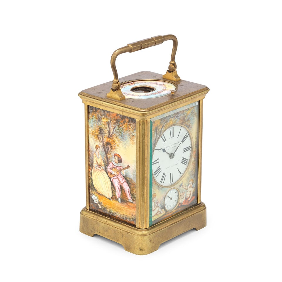 A late 19th century French gilt brass petite sonnerie carriage clock with enamel front back and ... - 4