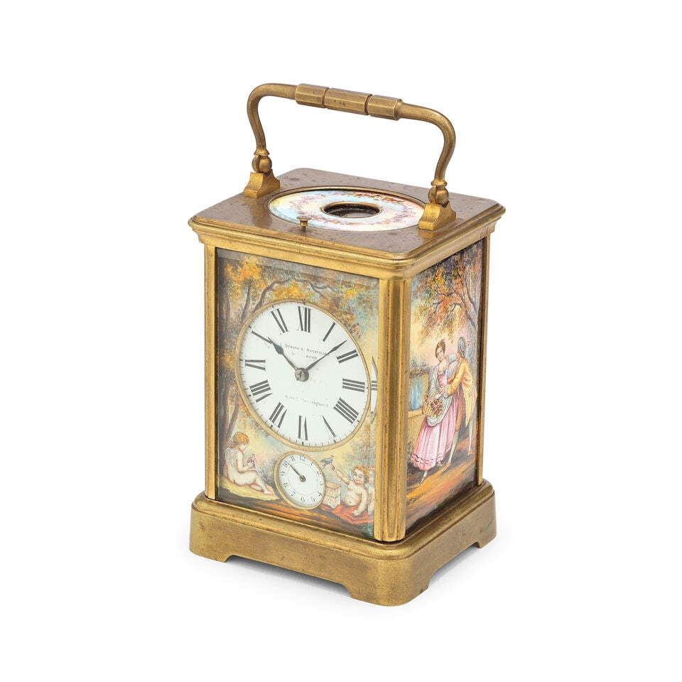 A late 19th century French gilt brass petite sonnerie carriage clock with enamel front back and ... - 5