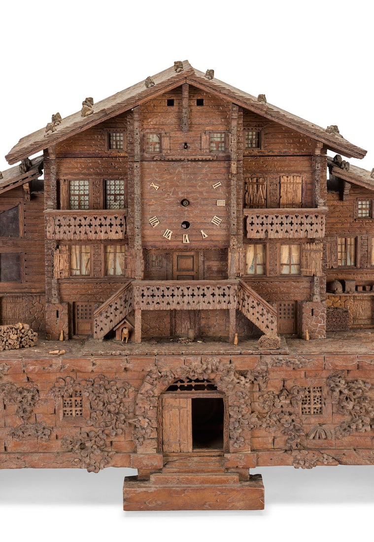 A late 19th century Swiss carved and stained wood novelty chalet combined liqueur set, timepiece... - 8