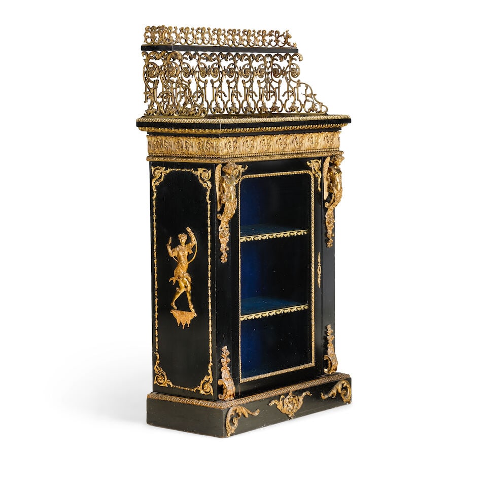 An unusual early Victorian ormolu and brass mounted ebony pier display cabinet 1835-1850, in the... - 2